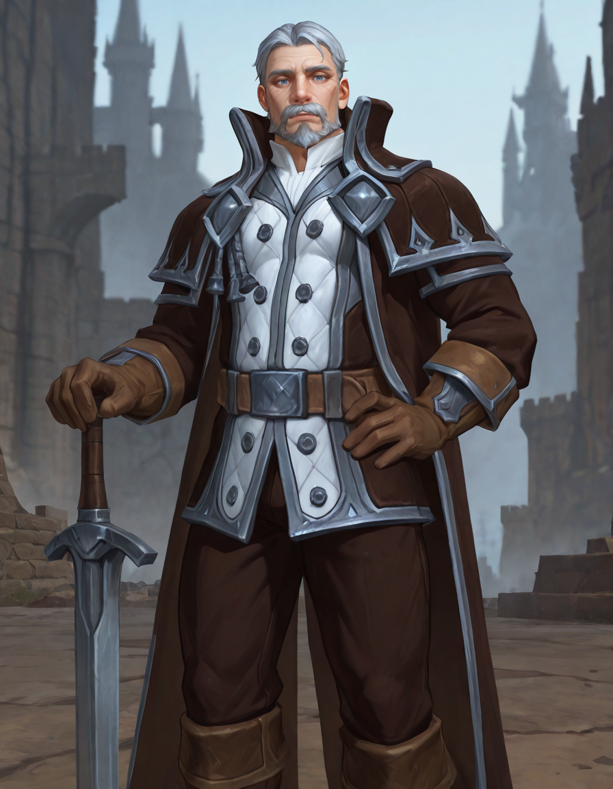 masterpiece, best quality, newest, detailed background, intricate details, male focus, realistic, solo, <lora:World of Warcraft - Genn Greymane - Illustrious-000005:0.7>, genn_g, 1boy, mature male, grey hair, very short hair, mustache, beard, blue eyes, brown overcoat, white jacket, white shirt, brown gloves, brown belt, brown pants, brown boots, outdoors, kingdom, sword in ground, hand on sword hilt, looking at viewer, hand on own hip
