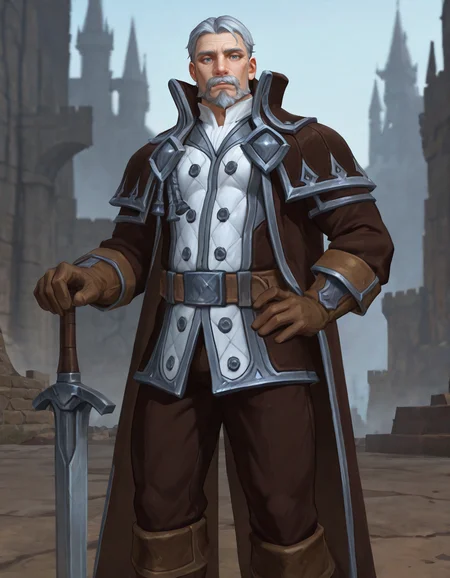 masterpiece, best quality, newest, detailed background, intricate details, male focus, realistic, solo, <lora:World of Warcraft - Genn Greymane - Illustrious-000005:0.7>, genn_g, 1boy, mature male, grey hair, very short hair, mustache, beard, blue eyes, brown overcoat, white jacket, white shirt, brown gloves, brown belt, brown pants, brown boots, outdoors, kingdom, sword in ground, hand on sword hilt, looking at viewer, hand on own hip