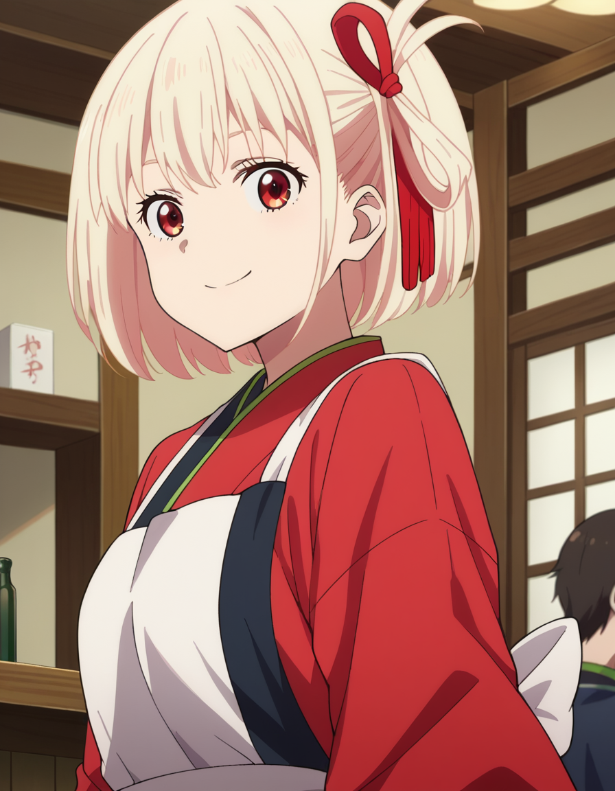 score_9, score_8_up, score_7_up, source_anime,
chisatonishikigi, <lora:chisato-nishikigi-s1-ponyxl-lora-nochekaiser:1>,
chisato nishikigi, short hair, bangs, blonde hair, red eyes, hair ribbon, one side up, bob cut,
japanese clothes, kimono, apron, red ribbon, waitress, red kimono,
indoors, smile,
looking at viewer, dutch angle, cowboy shot,