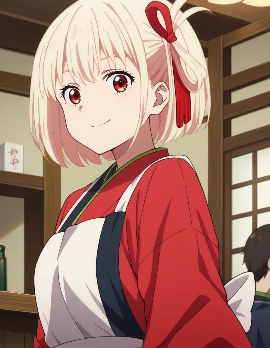 score_9, score_8_up, score_7_up, source_anime,
chisatonishikigi, <lora:chisato-nishikigi-s1-ponyxl-lora-nochekaiser:1>,
chisato nishikigi, short hair, bangs, blonde hair, red eyes, hair ribbon, one side up, bob cut,
japanese clothes, kimono, apron, red ribbon, waitress, red kimono,
indoors, smile,
looking at viewer, dutch angle, cowboy shot,