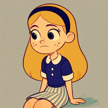 score_8, Score_9, solo, faye, blond hair, long hair, hairband, freckles, skirt, sitting