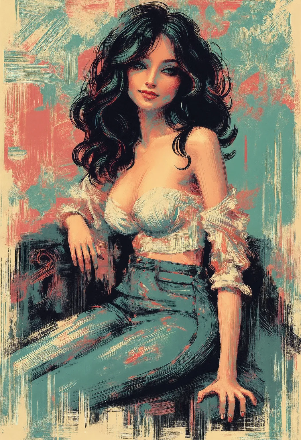 A digital impressionist painting with bold brush strokes about the side silhouette of a woman with wavy black hair and a perfect body over a simple colorful background.