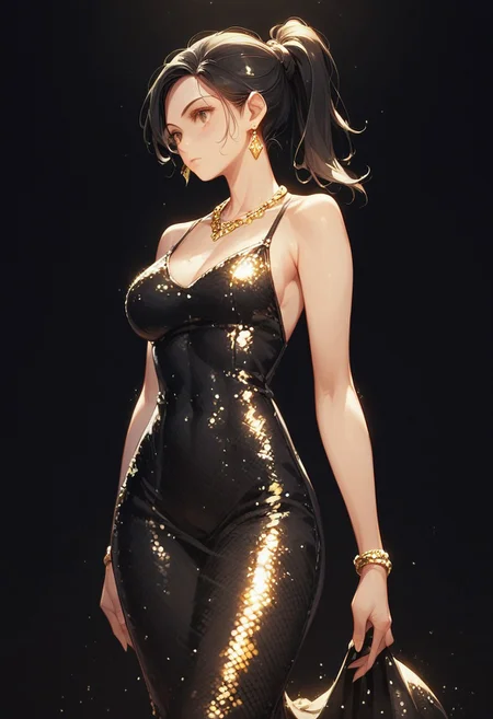 score_9, score_8_up, score_7_up, score_6_up,  
1girl, black hair,ponytail hair, eve_girl_v1,black_evening_dress, mermaid dress, sequin black dress,bodycon,
gold necklace,gold diamond earrings,standing,
(sample background:1.2),(black background:1.2),
cowboy shot,