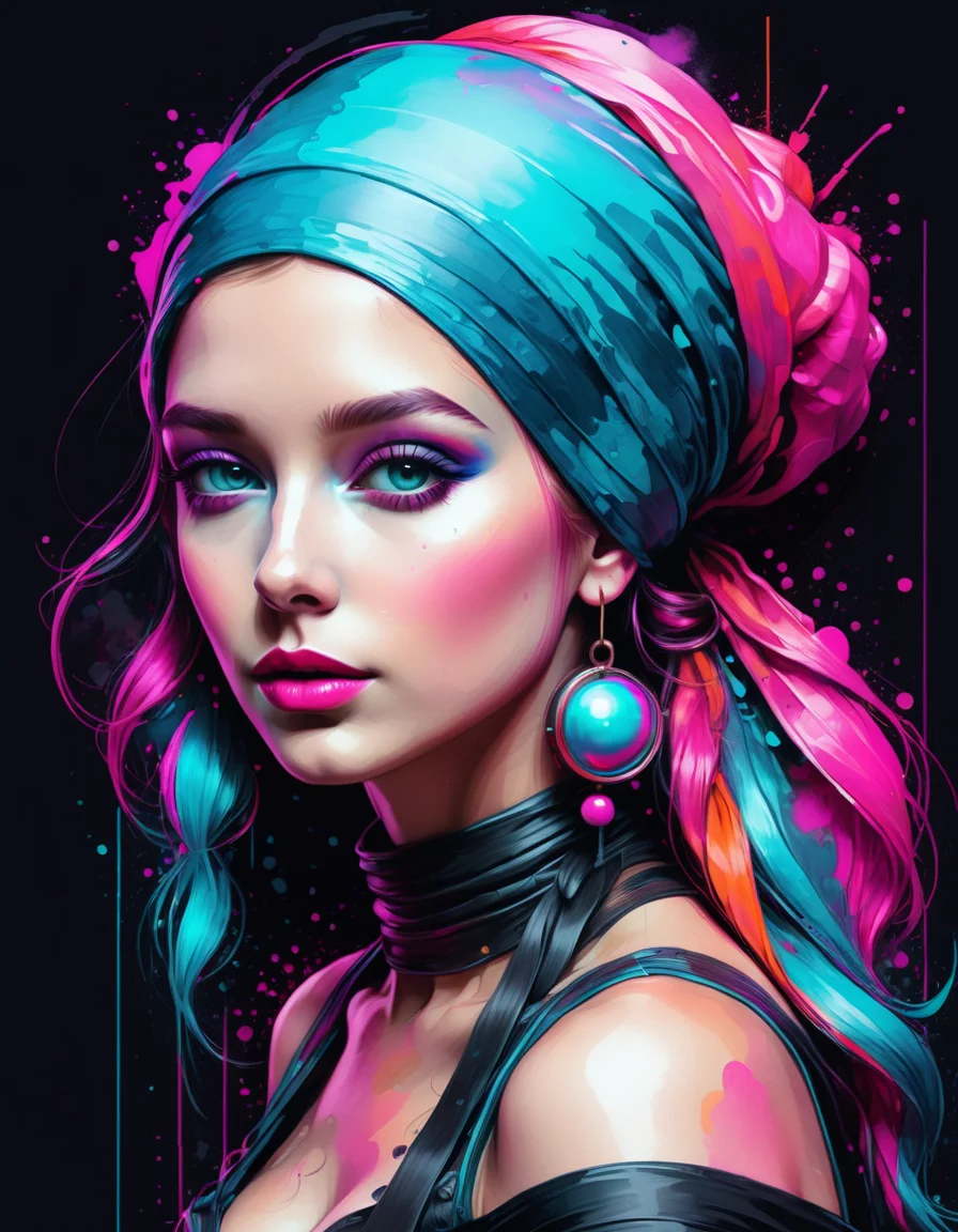 The Girl with a Pearl Earring but Steampunk Cyber Neon <lora:SDXLPaintSplash:0.6> Colorsplash whimsical, 8k, digital art, cover art