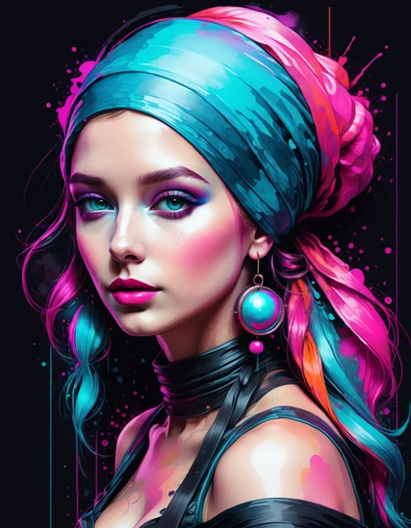 The Girl with a Pearl Earring but Steampunk Cyber Neon <lora:SDXLPaintSplash:0.6> Colorsplash whimsical, 8k, digital art, cover art