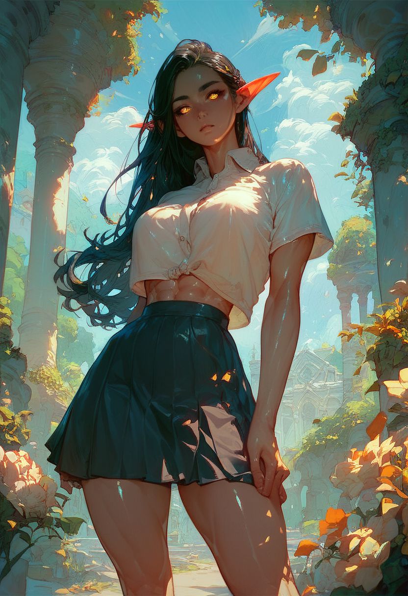 score_9, score_8_up, score_7_up,expressiveh,athletic body,hourglass body,amazing scenery,shiny skin,elf woman,long dark hair,glowing golden eyes,wearing a skirt and a white school shirt,on the campus of a college