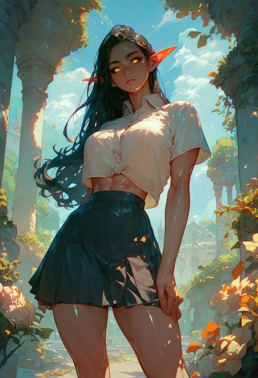 score_9, score_8_up, score_7_up,expressiveh,athletic body,hourglass body,amazing scenery,shiny skin,elf woman,long dark hair,glowing golden eyes,wearing a skirt and a white school shirt,on the campus of a college