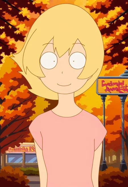 anime, 1girl, solo, elle, blonde hair, pink shirt, smiling, in park, autumn