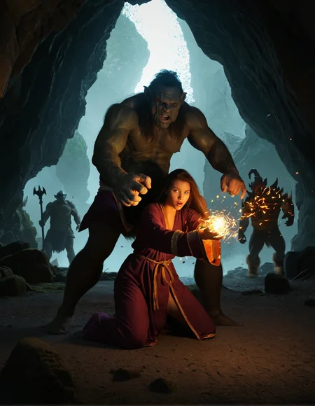 score_9, score_8_up, score_7_up, 1girl, 1boy, sorceress, (giant troll:1.15), fight, battle, cave, fireball spell, magic, particles, robe, dynamic shot, flame, dim lighting, sunbeam