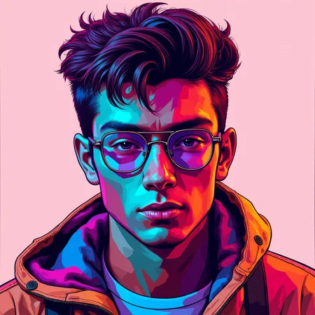 fluxtration, vivid colors, low poly logotype of young man looking at camera