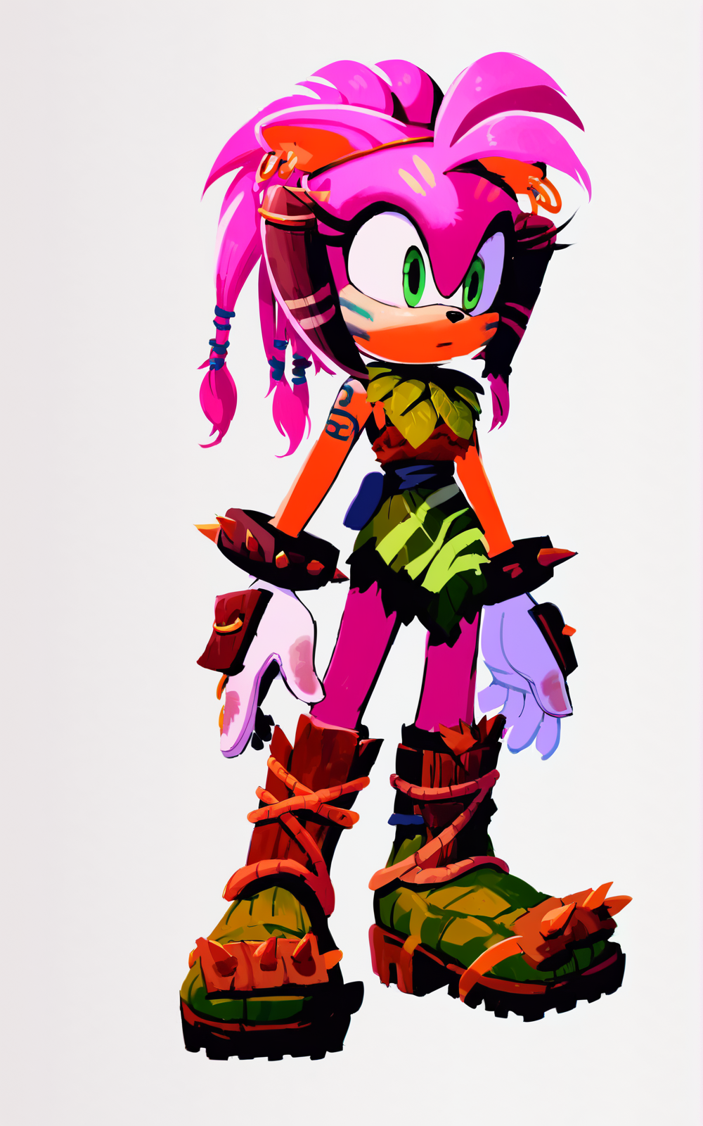 score_9, score_8_up, score_7_up,((best quality)), absurdres, ((full body)), <lora:BolivanteStyle:0.8>,  <lora:TRPXL:0.8>,TRPXL,sleeveless, green eyes, boots, tattoo, knee boots, arm tattoo, tribal, leaf, green dress, bracelet, gloves,animal ears,pink hair, earrings,white gloves,furry, furry female, white background