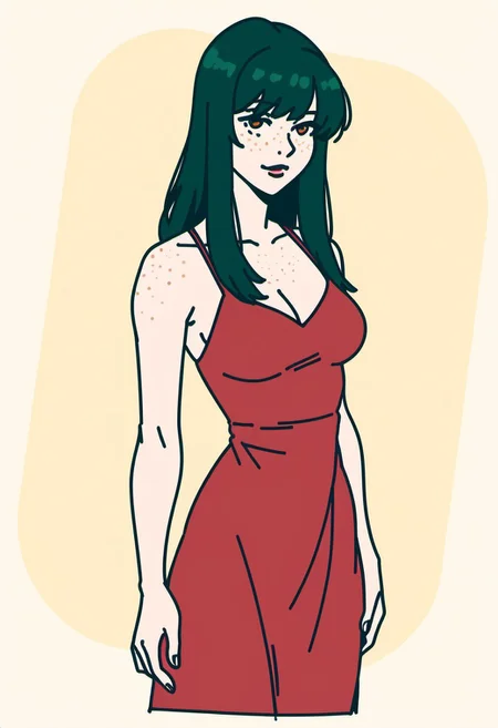 score 9, score 8, score 7, 1 girl, solo, freckles, green hair, long bangs, golden eyes, pale skin, red dress, medium breasts, standing tall