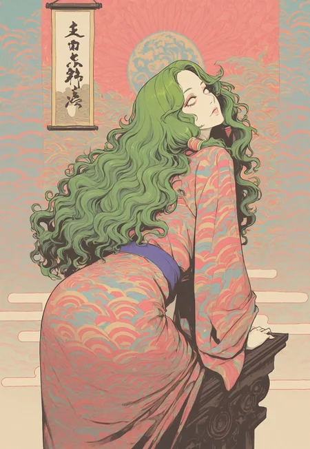 vdsur, surreal, high contrast, best quality, hires, colorful background,
hanging scroll, looking back, through medium, climbing, solo, yukata, egasumi, seigaiha,
mature female, green hair, hair, wavy hair, long hair, messy hair, hair tubes, white eyes,
[dynamic pose]