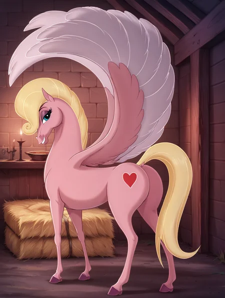 score_9, score_8_up, score_7_up, toon \(style\),ultra high quality,ultra high resolution,ultra ,full body, seductive, very realistic,(extremely detailed), detailed background,,(masterpiece, best quality, high quality, highres, ultra-detailed),toon (style), flat color,cowboy shot, <lora:Pink_Pegasus_hercules_Pain_and_Panic:0.80> pp pegasus, pink fur, blonde hair, blonde tail, white wings, pegasus wings, pegasus, long eyelashes, cutie mark, red heart cutie mark, blue eyes, purple hooves,stable background,hay,hay on ground,wooden walls,red light,winking,hay covered ground,perfect face,perfect wings,folded wings,perfect fur,perfect hooves,from behind,looking back,back,