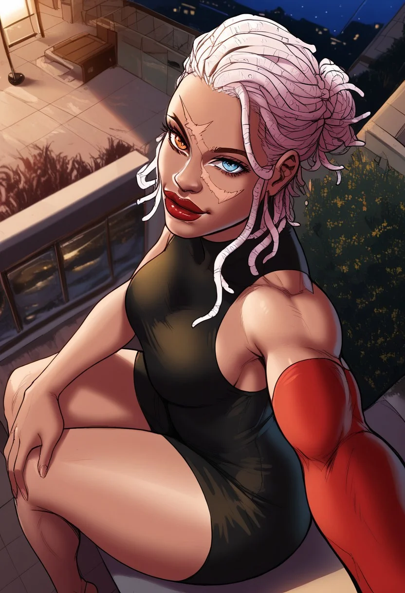 detailed face, detailed eyes, high resolution, intricate design, sharp edges, smooth, high detailed, god level, good proportions, detailed fingers
...
(Andrea, 1girl, scar on face, scar across eye, white hair, dreadlocks, single hair bun. heterochromia, left orange eye, right blue eye, muscular female, black loin dress, single sleeve, jewelry, lipstick, huge thighs)
...
looking at viewer, sitting, crossed legs, side view, above view, close up, thighs up, selfie, hand on thigh, inclined
...
score_10, score_9, score_8, 1girl, solo, alone, cinematic, sketch 
...
outdoors, buildings, night, dynamic lighting,