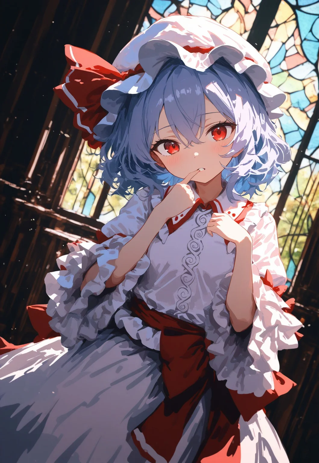 masterpiece, high score, great score, absurdres, 1girl, remilia scarlet, touhou, solo, cowboy shot, dutch angle, outdoors, looking at viewer, finger in own mouth, frilled sleeves, frills, hair between eyes, hands up, hat, hat ribbon, indoors, light blush, light particles, long sleeves, medium hair, mob cap, parted lips, red eyes, red ribbon, red sash, ribbon, sash, stained glass, white hat, wide sleeves, window, wing collar, sensitive, dutch angle, anime coloring, depth of field, faux traditional media, painterly, impressionism, photo background