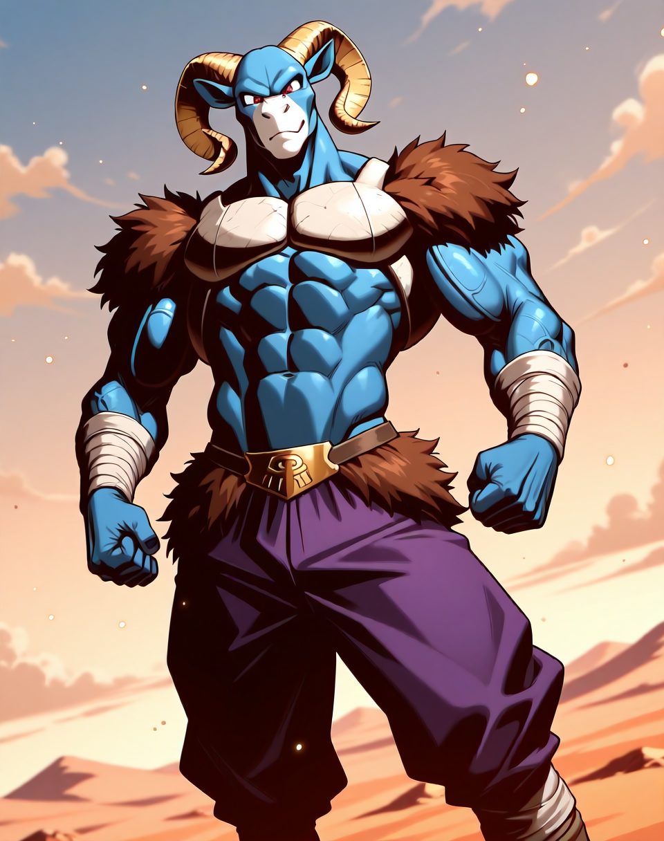 <lora:Moro_3rd_Form_(Dragonball_Z)_(Illustrious)_(AD):1.3> Moro, muscular, goat, 
((
dutch angle, exterior, desert, sky with detailed clouds, 
male focus, gradient coloring, solo, cowboy shot, bent leg, perfect proportions, hyper muscular, veiny muscles, goat head, blue body, sexy, large shoulders, large biceps, large thighs, 
)), 
BREAK very awe, aesthetically pleasing, masterpiece, best quality, amazing quality, very aesthetic, perfect depth of field shot, in'ei, furry_art, source_furry, source_anime, 
EZRealPONYXL, zPDXL, Smooth Quality, lazympos, IllustQualXL_Pos,