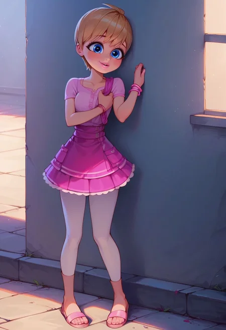 (score_9, score_8_up, score_7_up, score_6_up, score_5_up, score_4_up), easynegative, Expressiveh, source_cartoon, dark lighting, (high quality), (high resolution), 4k, beautiful, (Rose Lavillant, blonde hair, short hair, pixie cut, bangs, bangs that slightly cover her eyes, blue eyes, eyeliner, pink lipstick, crotch-length light magenta dress with light pink sleeves and the front of the top, pink and vivid magenta stripes on the front, dark magenta wearable band tied around her waist, , pink mini skirt with two white edges at the bottom of the cloth, white leggings, two pink bracelets around her right wrist, brown soled pink sandals), slim waist, small breaths, wide hips, BREAK, background, School yard
