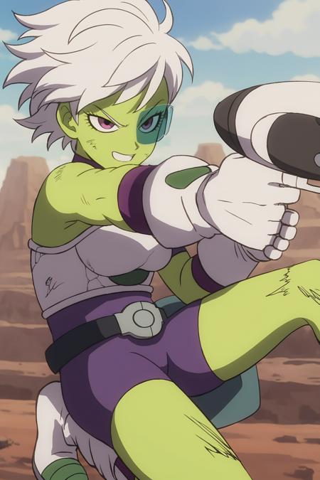 source_anime, score_9, score_8_up, score_7_up, anime screencap, absurdres,
cheelai, official style, 1girl, solo, breasts, looking at viewer, smile, short hair, rock, canyon, holding, purple eyes, weapon, white hair, teeth, holding weapon, grin, gun, kneeling, holding gun, one knee, colored skin, green skin, scouter, saiyan armor, strapless, torn clothes, torn undershirt, skin tight, purple shirt, short sleeves, purple wristband, white gloves, belt, torn bike shorts, purple bottomwear, socks, purple legwear, boots, white footwear, two tone footwear, wind lift, v-shaped eyebrows, v-shaped eyes, looking at another, eyelashes, dirty, dirty clothes, dirty face, aiming at another
<lora:cheelai_pony_v1:0.8>