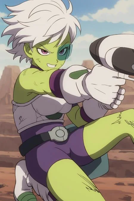 source_anime, score_9, score_8_up, score_7_up, anime screencap, absurdres,
cheelai, official style, 1girl, solo, breasts, looking at viewer, smile, short hair, rock, canyon, holding, purple eyes, weapon, white hair, teeth, holding weapon, grin, gun, kneeling, holding gun, one knee, colored skin, green skin, scouter, saiyan armor, strapless, torn clothes, torn undershirt, skin tight, purple shirt, short sleeves, purple wristband, white gloves, belt, torn bike shorts, purple bottomwear, socks, purple legwear, boots, white footwear, two tone footwear, wind lift, v-shaped eyebrows, v-shaped eyes, looking at another, eyelashes, dirty, dirty clothes, dirty face, aiming at another
<lora:cheelai_pony_v1:0.8>