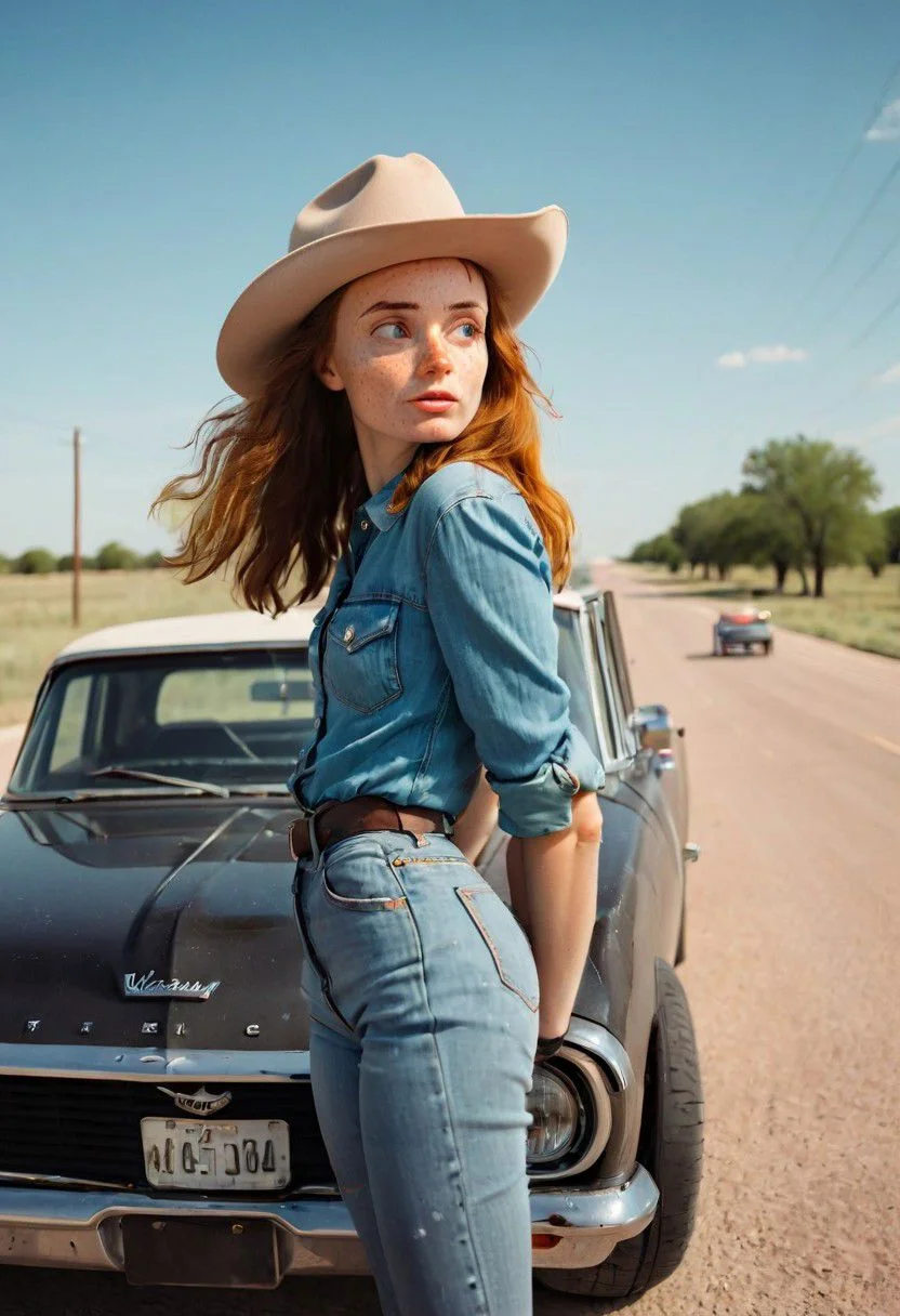 cowboy girl stops a car in Texas, Film style photography, photo taken on fujifilm camera, Tuvakina, Nastya Tuvakina, freckles, Disney, Cartoon,