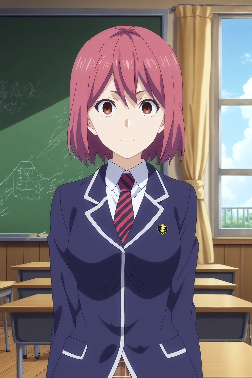 hisako arato,1girl,solo,school uniform,short hair,pink hair,red eyes,necktie,stripped necktie,blazer,plaid skirt,looking at viewer,mature,upper body,smile BREAK indoors,japanese classroom,classroom,simple decor, organized shelves, neat rows, kanji on the board,windows,blue sky,Wooden floors, low desks, chalkboard, sliding doors, sunlight, quiet, neat rows, plants contrapposto, <lora:Hisako_Arato_-_Food_Wars.safetensors:0.8> <lora:detailed_backgrounds_v2.safetensors:0.8>