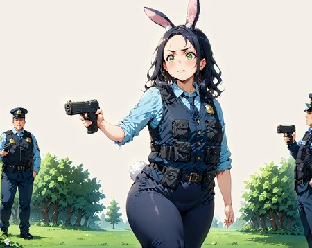 score_9, score_8_up, score_7_up, score_6_up, source_anime, ah1, 1girl, (curly hair), long hair, (black hair), mature female, (parted hair:1.7), (round face), (no_bangs), (no_fringe:1.6), looking at viewer, (thick eyebrows:1.3), (curvy), round-chin, (greenish hazel eyes), caucasian, (downturned eyes), (forehead:1.4), <lora:ETO_OCPonyXL:0.5> eto_oc, skindentation, plump, thick thighs, wide hips, busty, voluptuous, kinky curls, lips, bad-hands-5, (in a countryside manor, with sprawling lawns, formal gardens, historic charm, elegant ambiance), ((crying in fear expression)), <lora:venus body PonyXL:0.8>, <lora:xl_more_art-full_v1:0.4>, <lora:shinyskin2:0.3> glistening skin, <lora:aesthetic_anime_v1s:0.4>, <lora:Expressive_H:0.4> Expressiveh, <lora:hairdetailpxl:0.4> hairdetailpxl, <lora:EpicF4nta5yXL:0.4>, <lora:detailxl:0.4> detailxl, <lora:Fant5yP0ny:0.4>, best quality, amazing quality, best aesthetic, absurdres, <lora:expressive eyes:0.4> expressive eyes, (Low angle (from the side) view Close shot (focus on head)), <lora:eyedetailpxl:0.4> eyedetailpxl, <lora:A004-judy-v30:0.8> 1gjudy, police uniform, bulletproof vest, blue leggings, ((rabbit ears, rabbit tail)), <lora:YusufDikecGunPose_pdxl_Incrs_v1:0.8> holding weapon, holding gun, handgun, hand in pocket, aiming, full body