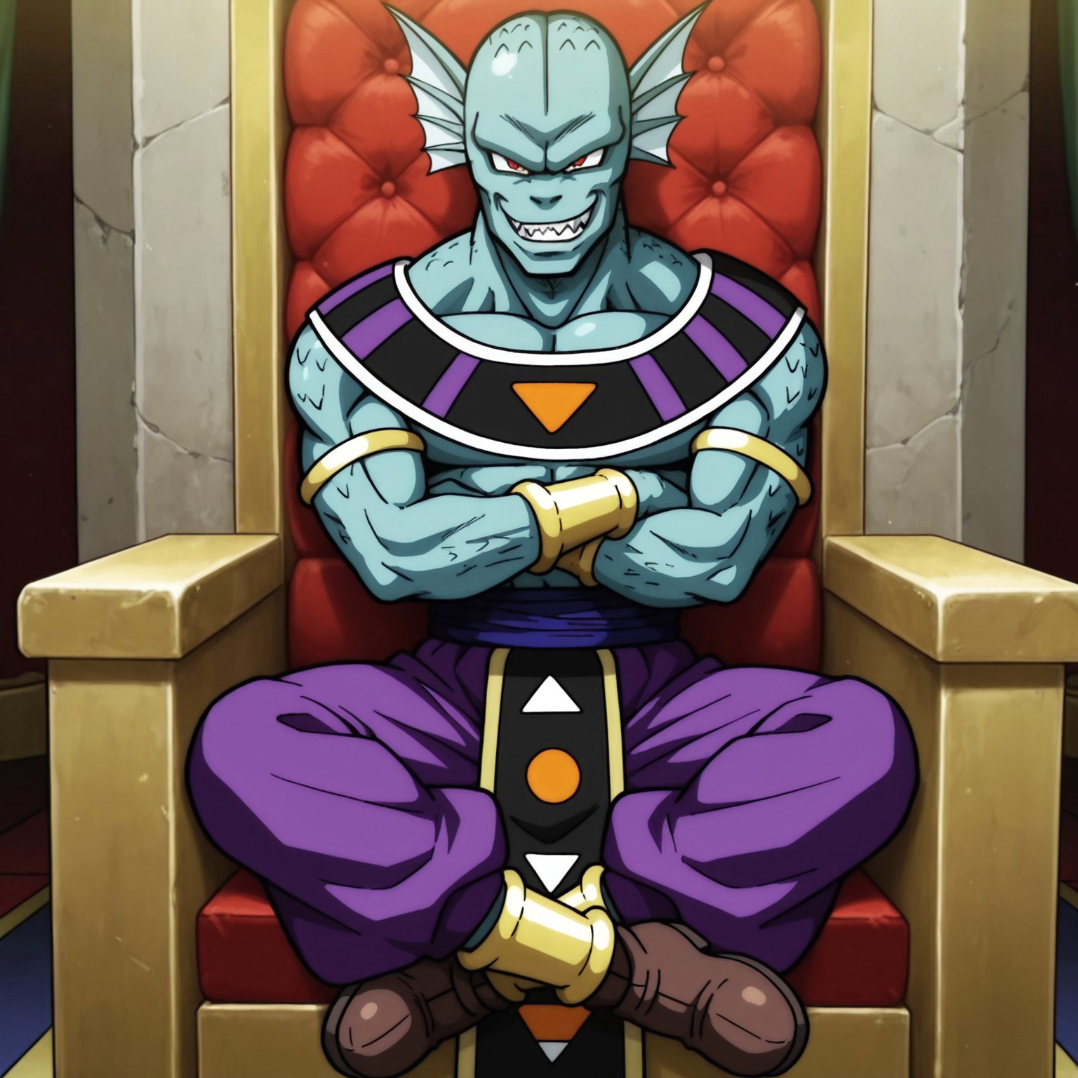 2d, 1boy, solo, Giin, male, muscular, blue skin, scalie, scales, fin-shaped ears, sharp teeth, red eyes, Golden armlets, golden bracelets, purple baggy pants, blue sash belt, brown shoes, Egyptian clothing, 

BREAK smile, sitting, on throne, royal palace, arms crossed, looking at viewer, legs crossed

BREAK best quality, amazing quality, very aesthetic, absurdres, newest, masterpiece 