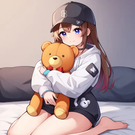 safepos, score_9, score_8_up, score_7_up, score_6_up, score_5_up, zPDXL2, max detail, 4k wallpaper, masterpiece, best quality, absurdres, highres, source_anime, solo, 1girl, DeaverStyle, wariza, w-sitting, hugging teddy bear, holding Teddy Bear, ((((cuddling, snuggling, face rubbing against teddy bear)), affectionate)), elated, giggling, front view, SoraStreetwear, long hair, blue eyes, black baseball cap, choker, two-tone hoodie, horizontal stripe, black hoodie, small upper-body, white hoodie, baggy hoodie, no pants, oversized hoodie, small waist, narrow shoulders, wide hips, thick thighs, bottom-heavy, hugging stuffed animal, (barefoot:1.075)