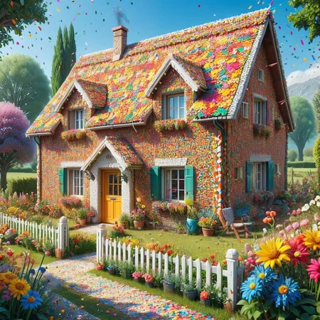 conf3tti, made of confetti, country cottage house with a garden, vibrant colors, cozy, sunshine <lora:Confetti_World_Morph:1>