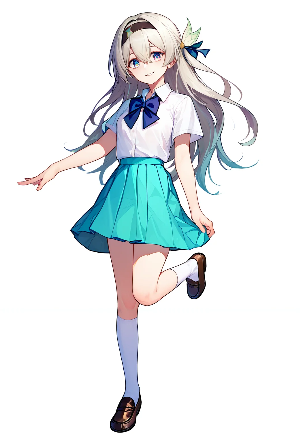 score_9,score_8_up,score_7_up,score_6_up, <lora:firefly_honkai_star_rail_v1_pdxl_goofy:1>firefly hsr, 1girl, alternate costume, aqua skirt, black footwear, black hairband, bow, bowtie, closed mouth, collared shirt, full body, grey hair, hair between eyes, hair ornament, hairband, kneehighs, loafers, long hair, looking at viewer, multicolored eyes, parted lips, school uniform, shiroichigo, shirt, shoes, short sleeves, simple background, skirt, smile, socks, standing, standing on one leg, white background, white shirt, white socks