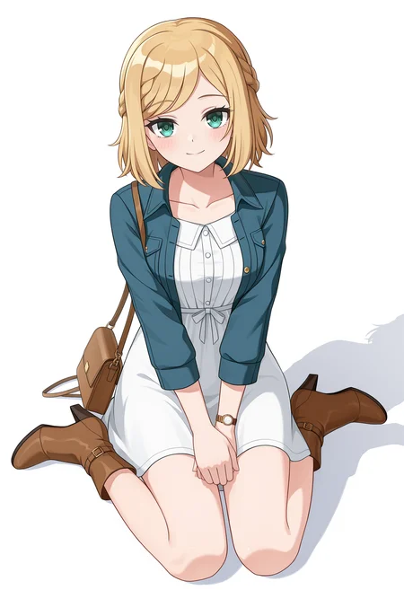 <lora:Fine Cavendish-000034:1>,
Fine Cavendish,solo,smile,white background,full body,jacket,blue jacket,braid,dress,bag,brown footwear,watch,wristwatch,boots,looking at viewer,simple background,white dress,shadow,closed mouth,open jacket,collarbone,handbag,open clothes,long sleeves,high heels,blush,own hands together,wariza,sitting,from_above