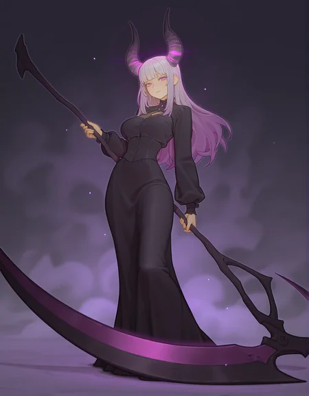 very awa,  <lora:ponyv6_noobV1_2_adamW-000017:0.4>, [asura \(asurauser\)::0.8], [(bartolomeobari:1.2):0.65],  1girl, black dress long dress, glowing, purple eyes, long hair, scythe, looking at viewer,  masterpiece, [best quality:0.15], newest, absurdres, very aesthetic, best quality, year 2024, newest,