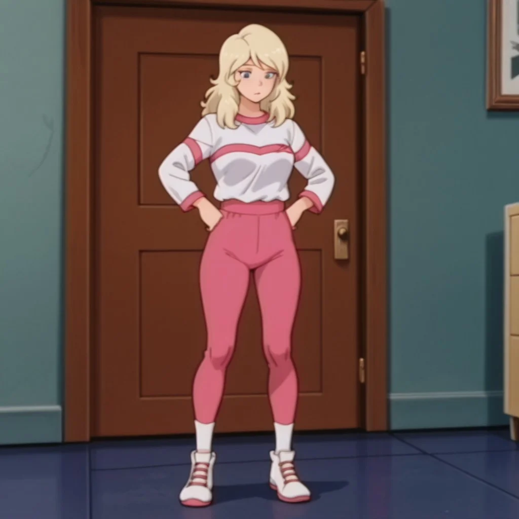 masterpiece, best quality, amazing quality, SarahDSil, human, female, blonde hair, blue eyes, white shirt, long sleeves, pink stripes, pink pants, white socks, white sneakers, pink trim,inside, solo, standing, hands on hips