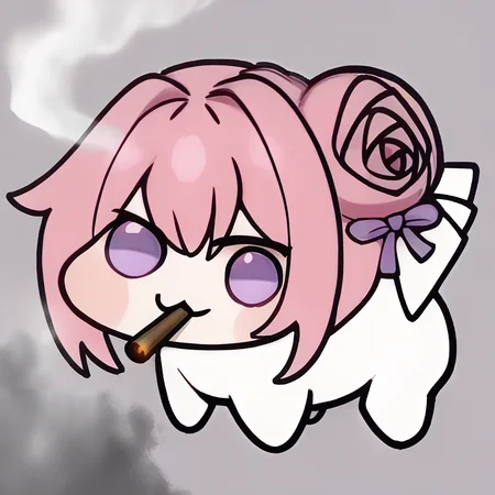 score_9, score_8_up, score_7_up, source_anime BREAK solo, <lora:Stoned-pdxl_Fp:1>, stoned, smoking, smoke, <lora:Doro_X_PDXL_V1:1>, doro, creature, :3, chibi, pink hair, purple eyes, hair bun, hair bow, four legs