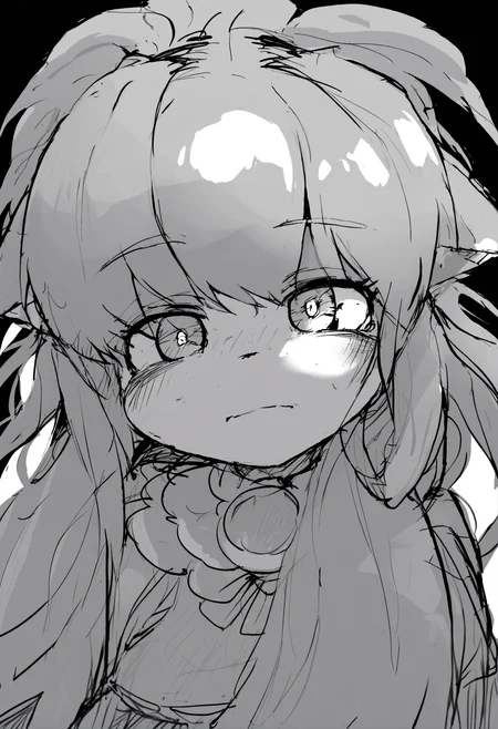 masterpiece, hyper detailed, best quality,(furry:1.3),1girl, solo, white background, looking at viewer, long hair, dress, sketch, simple background, monochrome ,<lora:DAGASIXLlokr8f-000188:0.95>