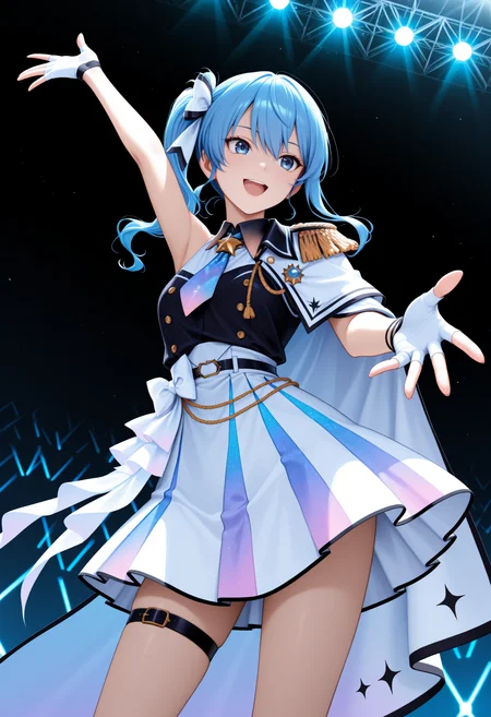 masterpiece, best quality, 1girl, solo, Su1se1OrgnRevmp, blue eyes, blue hair, side ponytail, hair ribbon, white ribbon, white berret, hair bow, collared shirt, gradient necktie, black shirt, sleeveless shirt, arm garter, side cape, white cape, single epaulette, white gloves, fingerless gloves, white skirt, gradient skirt, white waist bow, thigh strap, stage lights, open mouth, smile, legs apart, contrapposto, outstretched arm, <lora:ChamHoshimachiSuiseiNoob:1>