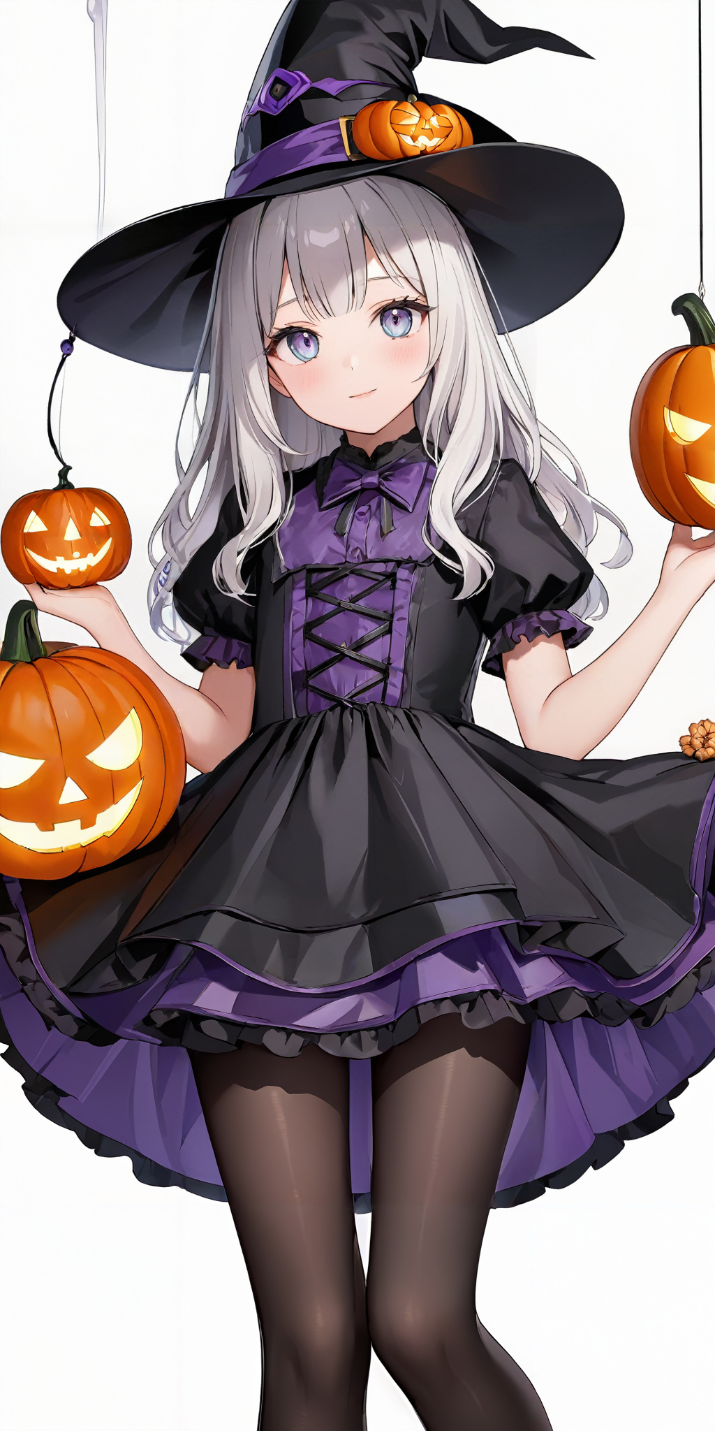 masterpiece,ultra-detailed,best quality,8K,illustration,cute face,clean skin ,shiny hair,girl,ultra-detailed-eyes,simple background, <lora:add-detail-xl:1> <lora:witch_XL_V1.0:1> jyojifuku, witch, hat, dress, pantyhose,halloween