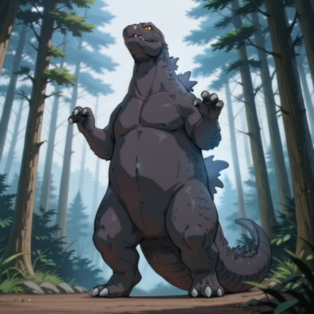 masterpiece, best quality, amazing quality, godzillaDSil, feral, male, godzilla, grey skin, grey back spines, yellow sclera, orange eyes, tail, hands up, forest,solo, full body, 3toes, standing, <lora:10dd1585-fbe4-4ec6-955e-75a562423719:0.7>