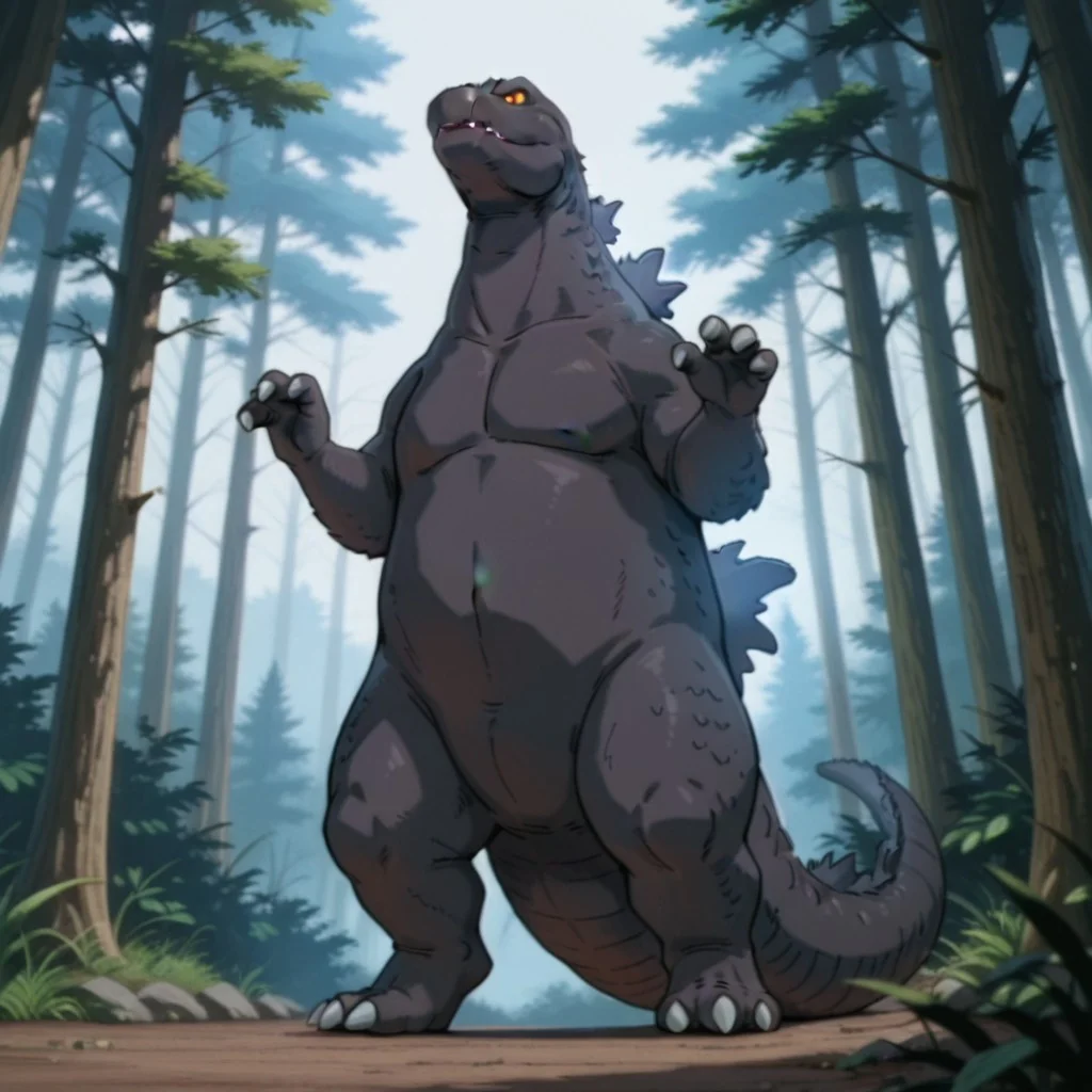 masterpiece, best quality, amazing quality, godzillaDSil, feral, male, godzilla, grey skin, grey back spines, yellow sclera, orange eyes, tail, hands up, forest,solo, full body, 3toes, standing, <lora:10dd1585-fbe4-4ec6-955e-75a562423719:0.7>