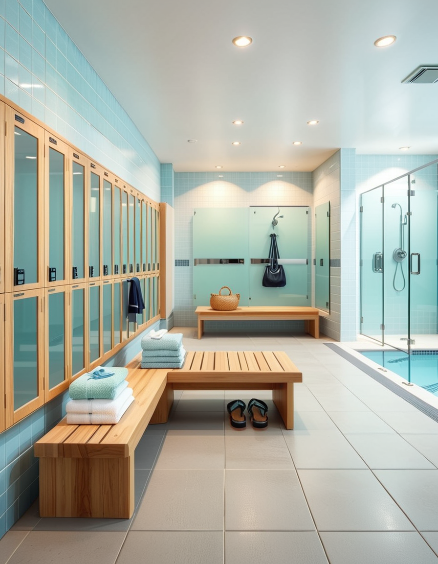 A realistic photograph of a modern swimming pool changing room, featuring clean, sleek design with white tiled walls and light blue accents. Rows of wooden benches with metal frames are neatly aligned in the center of the room. On the sides, there are individual lockers with glossy pastel-colored doors (light blue, mint green, and pale yellow), each with small number labels. Hooks are mounted on the walls, some holding neatly folded towels. The floor is made of non-slip gray tiles, slightly wet, reflecting the soft overhead LED lighting. The atmosphere is fresh and inviting, with a subtle fog from the pool area beyond a frosted glass door at the back. To the left side of the room, a large mirror spans the wall above a counter with built-in sinks, chrome faucets, and a few small bottles of hand soap. A subtle reflection of the interior is visible in the mirror. No people are present in the room. The lighting is bright but natural, as if itâs daytime with soft sunlight filtering through small high windows. The mood is calm, clean, and welcoming, captured with a high-resolution camera in photorealistic style. 
<lora:SDXLFaeTastic2400:0.4> <lora:extremely_detailed:0.4> extremely detailed,<lora:swimming_pool_ch4ng1ng_r00m:1>,swimming pool ch4ng1ng r00m, Masterpiece,best quality,hi res,8k,hi res,8k,award winning,(sharp focus, intricate, highly detailed),