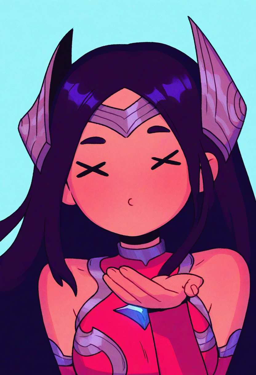 x3t4, masterpiece, cartoon,   best quality, detailed,  solo,   cute,      irelia \(lol\), black hair, headgear,  leaning close to viewer, blowing a kiss, puckered lips,