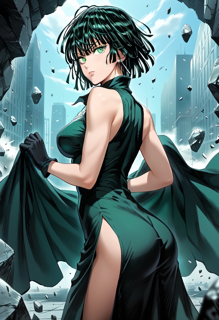 score_9,score_8_up,score_7_up,source_anime, FUBUKI_(ONE_PUNCH_MAN),1girl,solo,breasts,looking at viewer,short hair,bangs,black hair,gloves,dress,green eyes,ass,sleeveless,black gloves,black dress,from side,side slit,green dress,