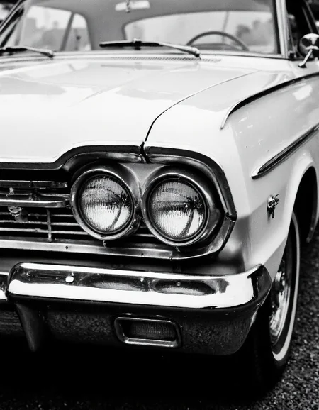 a black and white close-up photo of a 60s car