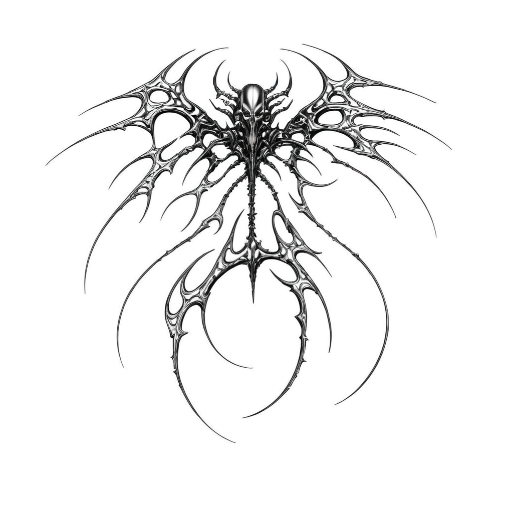 <lora:Cyber_Sigilism:1> masterpiece, best quality, cybersigilism, giger, tribal, cyborg, biometallic, cyperpunk machine, biomachine, bio, science fiction, bones, sketch, greyscale, monochrome, highlights, white background, simple background, solo, blood, fangs, claws