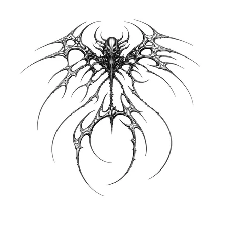 <lora:Cyber_Sigilism:1> masterpiece, best quality, cybersigilism, giger, tribal, cyborg, biometallic, cyperpunk machine, biomachine, bio, science fiction, bones, sketch, greyscale, monochrome, highlights, white background, simple background, solo, blood, fangs, claws