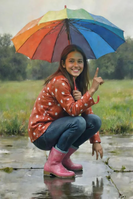 painting. 
A young woman, angled from slightly above and to the right, crouching low to the ground in a puddle. The young woman is wearing bright pink rubber boots and a red jacket with white polka dots. The jacket sleeves are pushed up to reveal blue cuffs. The young woman also wears dark blue jeans and has a smile on her face as she extends her right index finger to touch the water in the puddle. Above the young woman is a large, open umbrella with rainbow-colored panels and a red handle. The ground is wet and paved with grey stones, reflecting the sky and umbrella. The background is slightly blurred, showing hints of green grass and trees. The lighting is overcast and diffused, typical of a rainy day.
 <lora:billbate1_cap_d8a4e12:1.0><lora:852960255556980737:0>