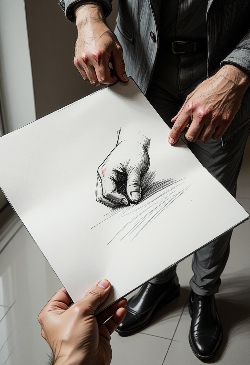 close-up photo of a person holding a piece of paper with a r0ughsketch drawing of a hand making a sketch that depicts a fist