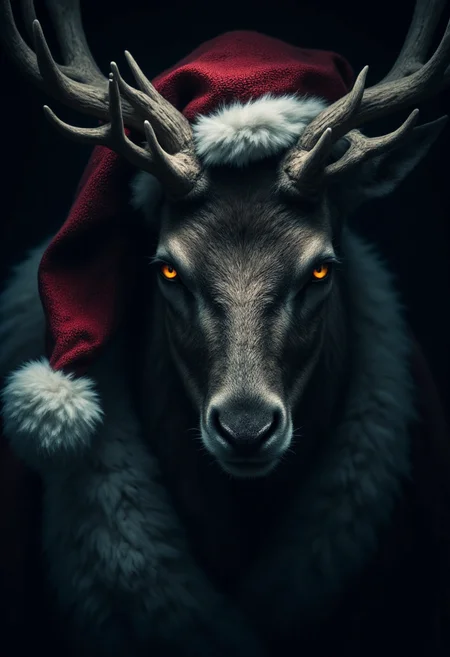 A reindeer in a dramatic, chiaroscuro-style close-up portrait, his expression is evil and mysterious, his eyes seeming to hold untold secrets. Deep shadows obscure his face. His crimson hatâs fur trim is faintly visible against the darkness.