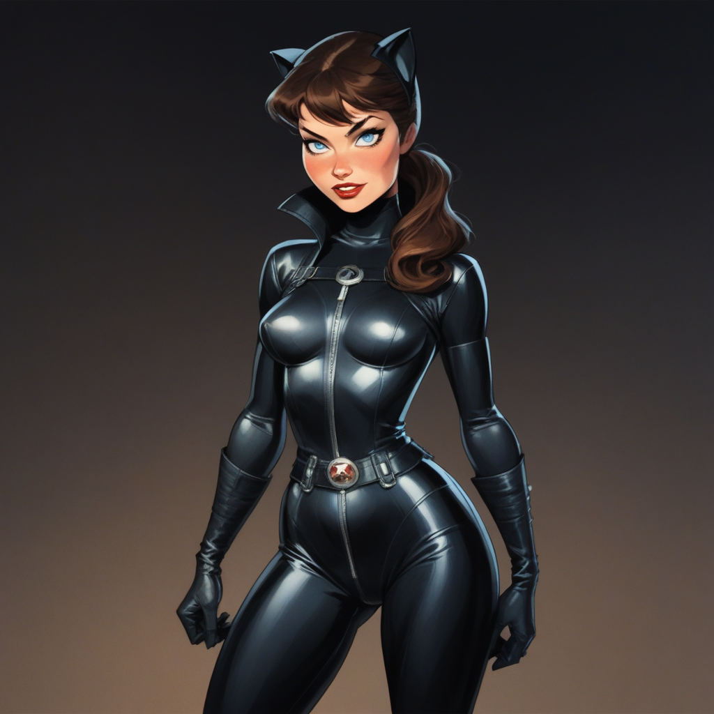 score_9, score_8_up, score_7_up,score_6_up, artist style:Urushihara Satoshi, source_hentai, source_anime, masterpiece, 2D, catwoman, selina_kyle, bruce_timm, pinup_(style), T1mmStyl3,  BREAK, selina_kyle,, solo, 1woman, brown hair, blue eyes, catsuit, leather, skintight, black_bodysuit, pinup,